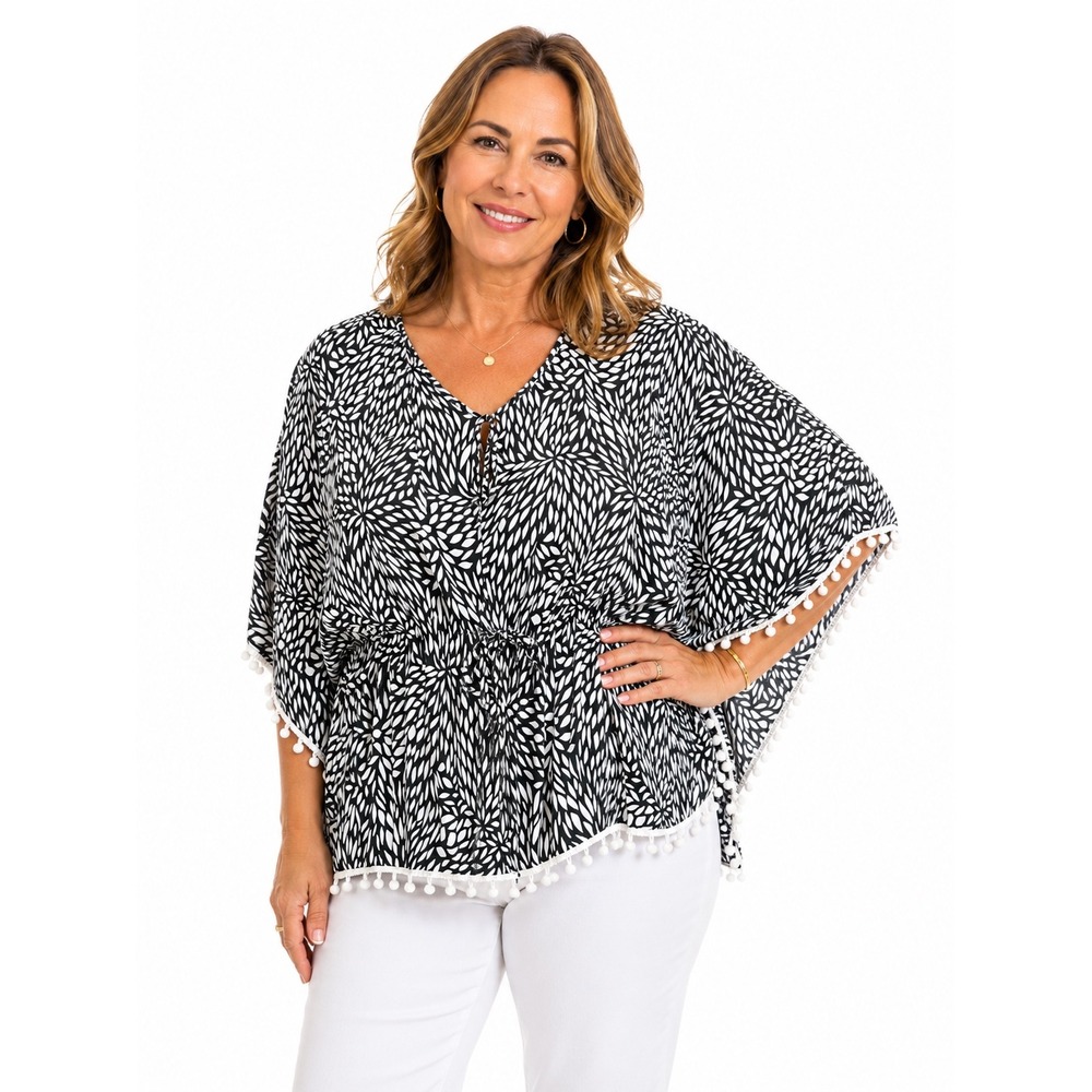 El Pareo Mykonos  Gray White‎ Leaf Print Kaftan Pom Pom Trim Kimono Top One Size